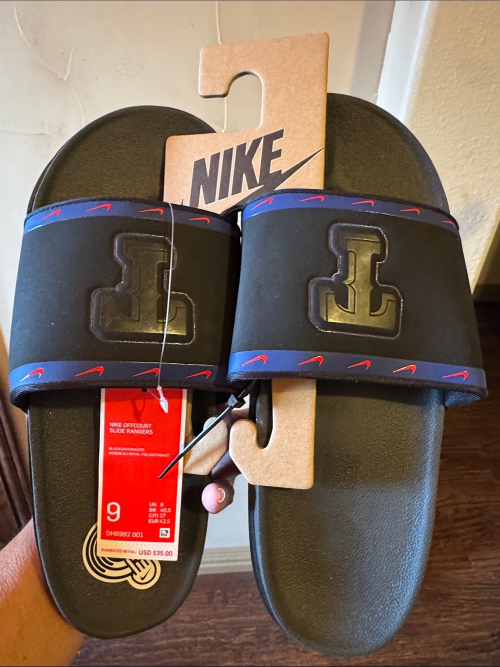 Nike Men’s Texas Ranger Black Slide Sandals w/ Blue Trim and Red Swoosh Accents